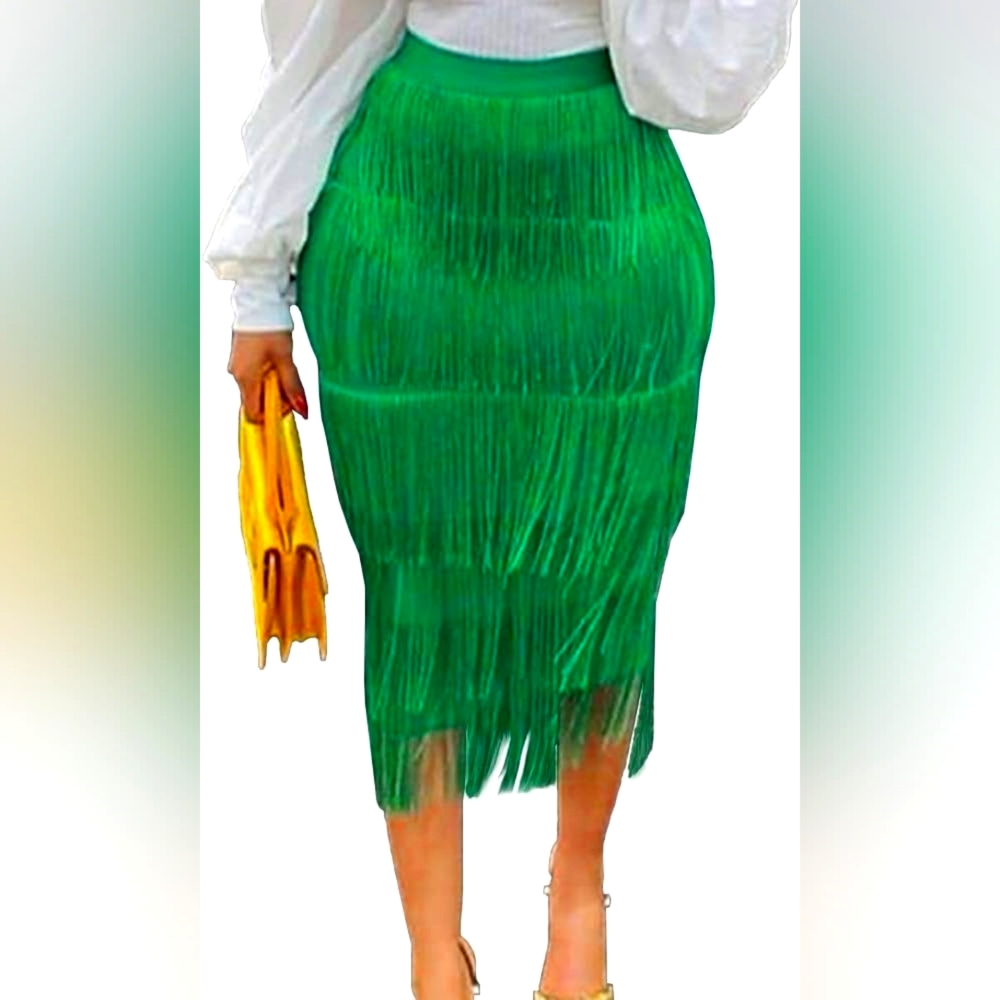 Sexy Green Fringe Midi Skirt